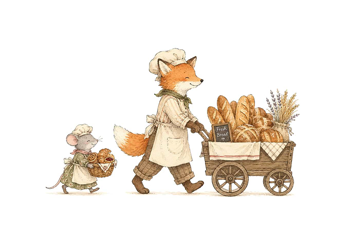 Fox and Mouse Bakers with Bread Cart