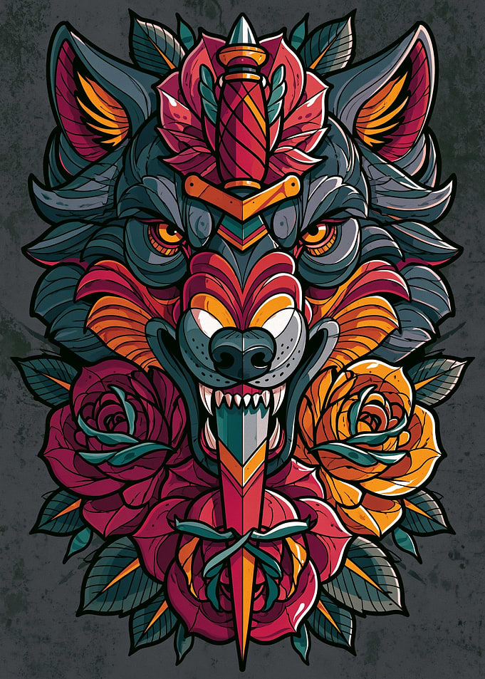 Aggressive Wolf with Dagger and Roses