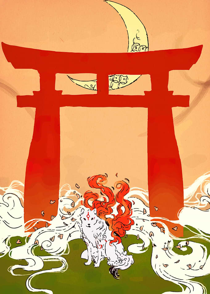 Mythical Fox Spirit Under Torii Gate