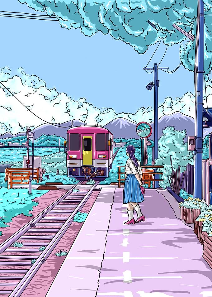 Girl at Train Station with Mountains