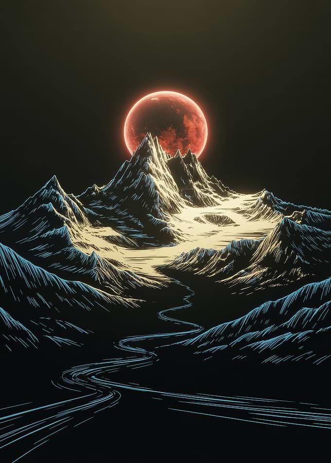 Crimson Moon Over Mountain Landscape
