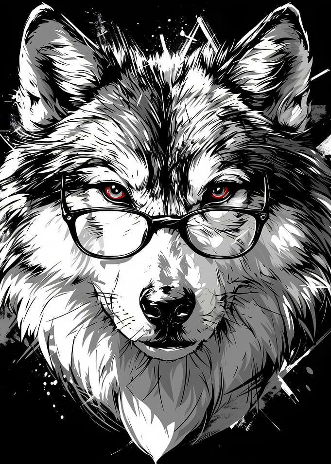 Wolf wearing glasses, red eyes