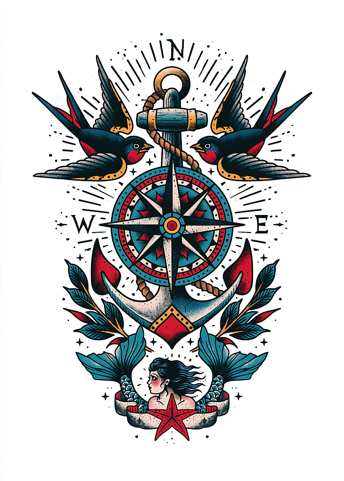 Nautical Tattoo Design with Mermaid and Swallows