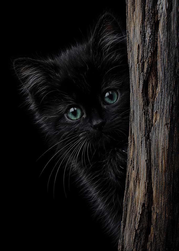 Black kitten peeking from behind wood