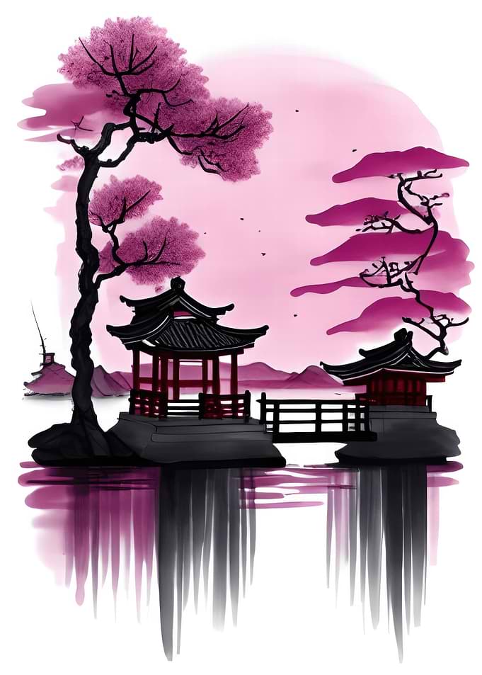 Japanese Pagoda Landscape with Cherry Blossoms