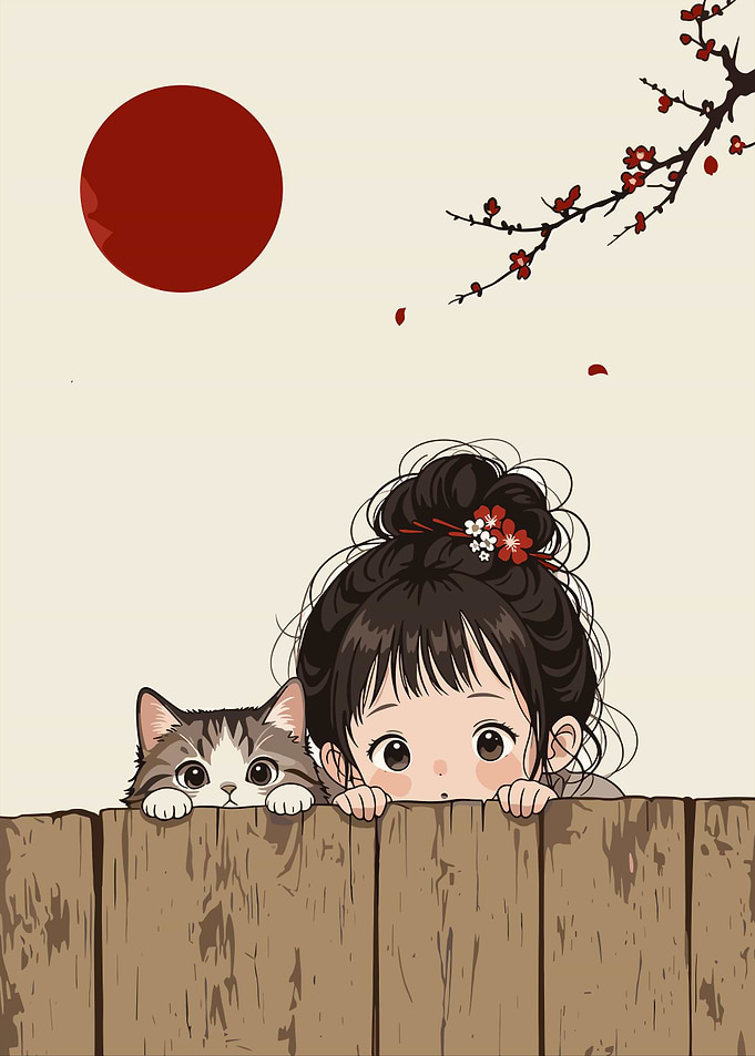 Girl and Cat Peeking Over Fence