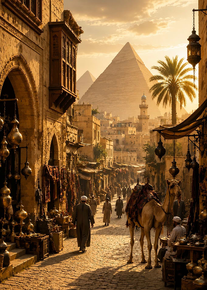 Ancient Egyptian Market with Pyramids