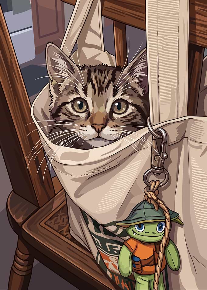 Kitten in a tote bag with a turtle charm