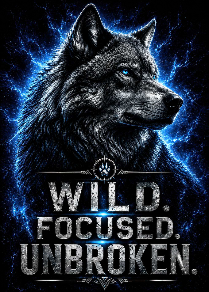 Wolf with Blue Lightning and Inspirational Text