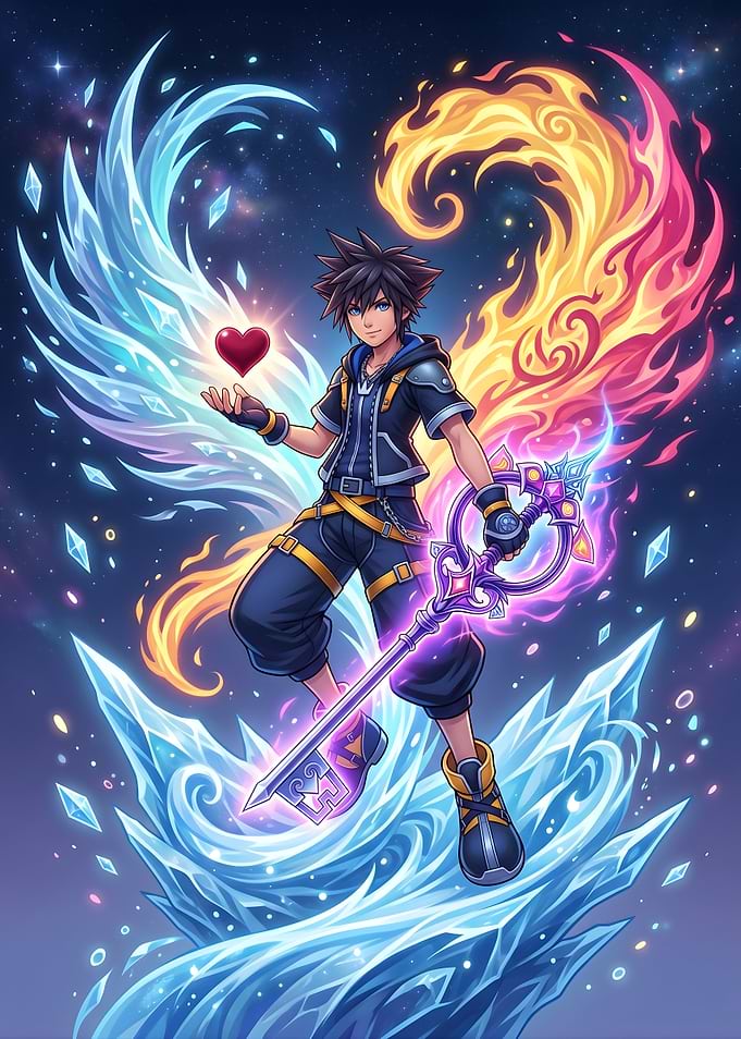 Kingdom Hearts Sora with Keyblade and Elemental Powers