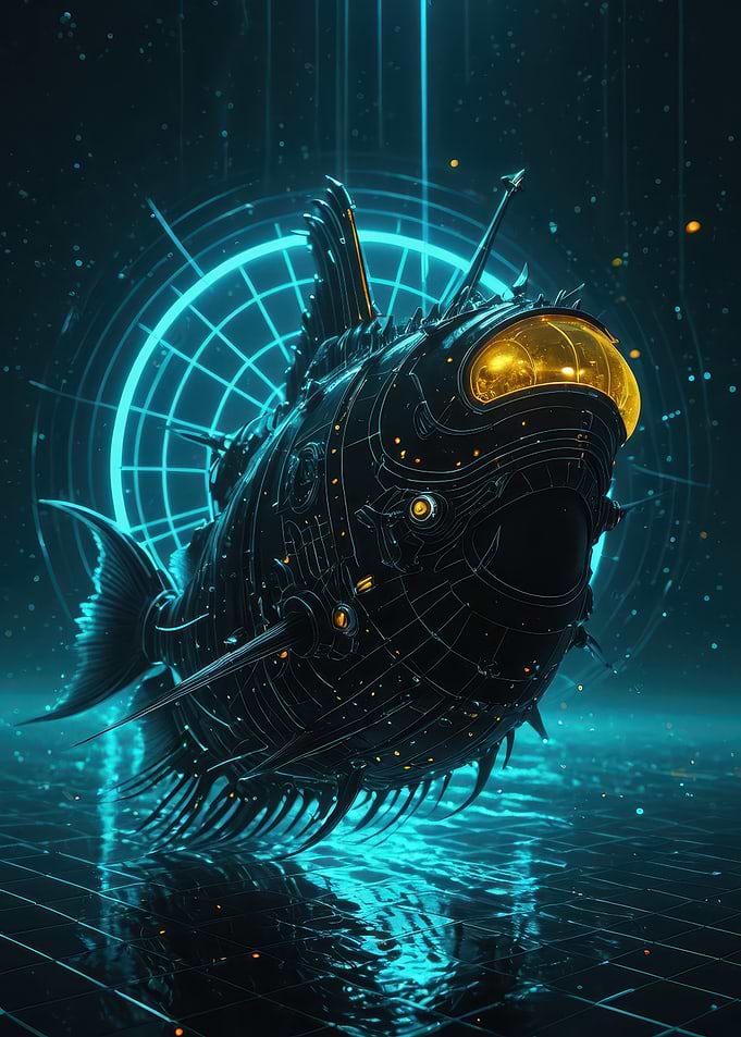 Neon Deep-Sea Vessel — Futuristic Mech Fish with Golden Cockpit