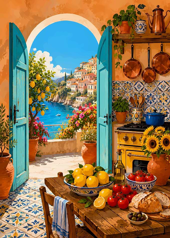 Italian Kitchen with Coastal View