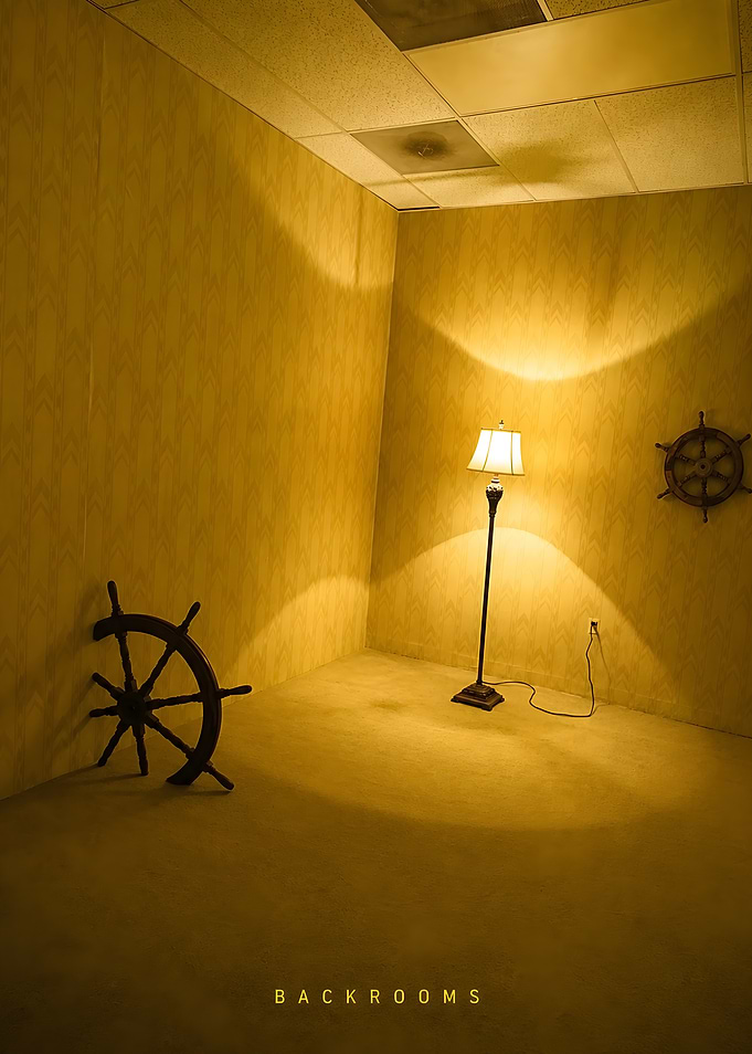 Backrooms with Ship Wheels and Lamp