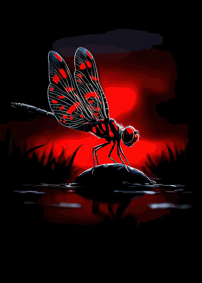 Dragonfly on a rock at sunset