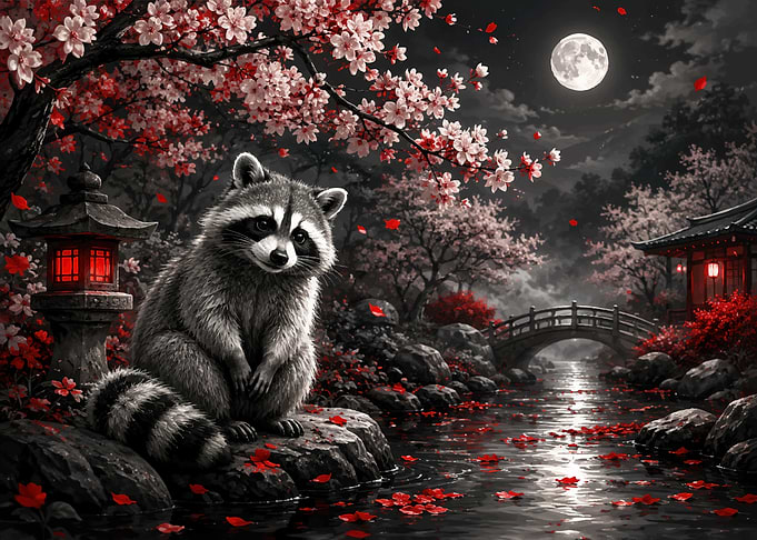 Raccoon in a Japanese Garden at Night