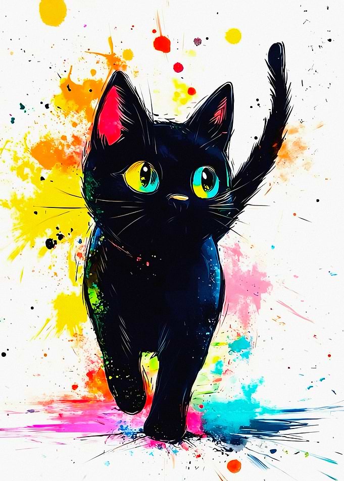 Black Cat with Colorful Splashes