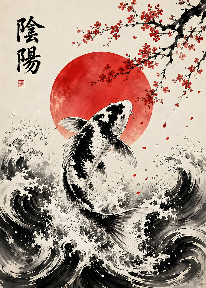 Koi Fish Jumping Through Waves
