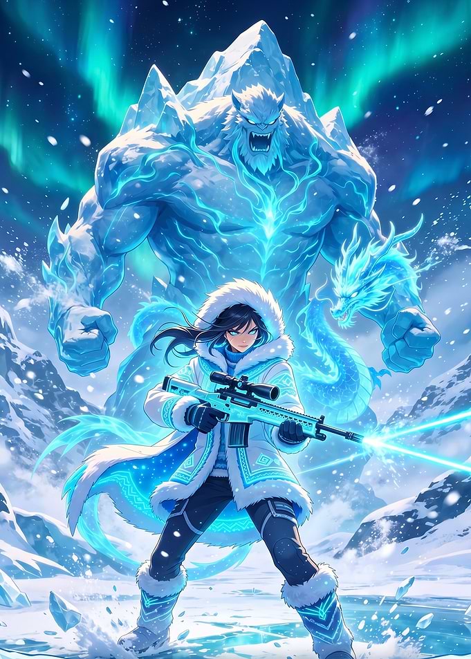 Ice Warrior with Sniper Rifle and Ice Dragon