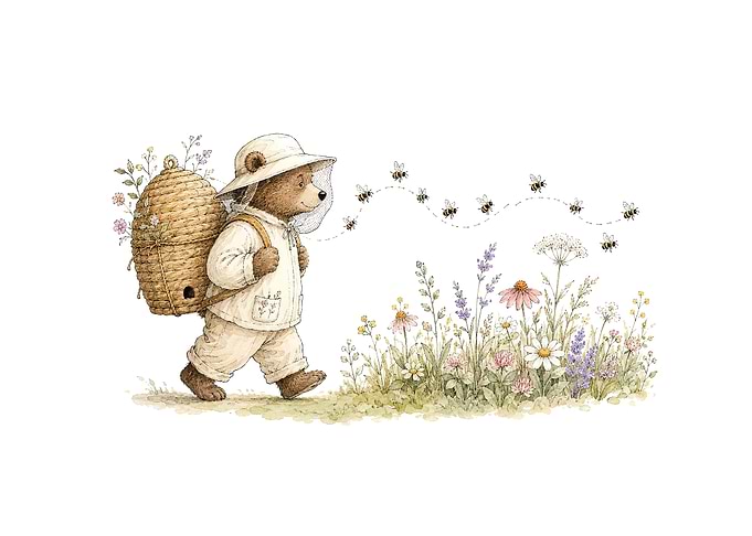 Bear Beekeeper with Bees and Flowers