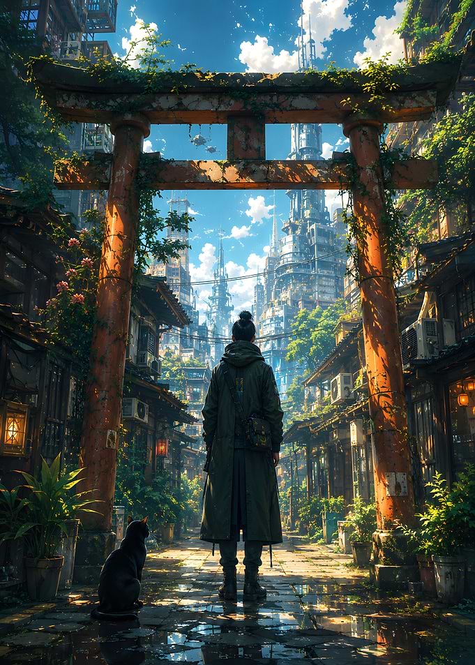 Futuristic Cityscape Through Torii Gate