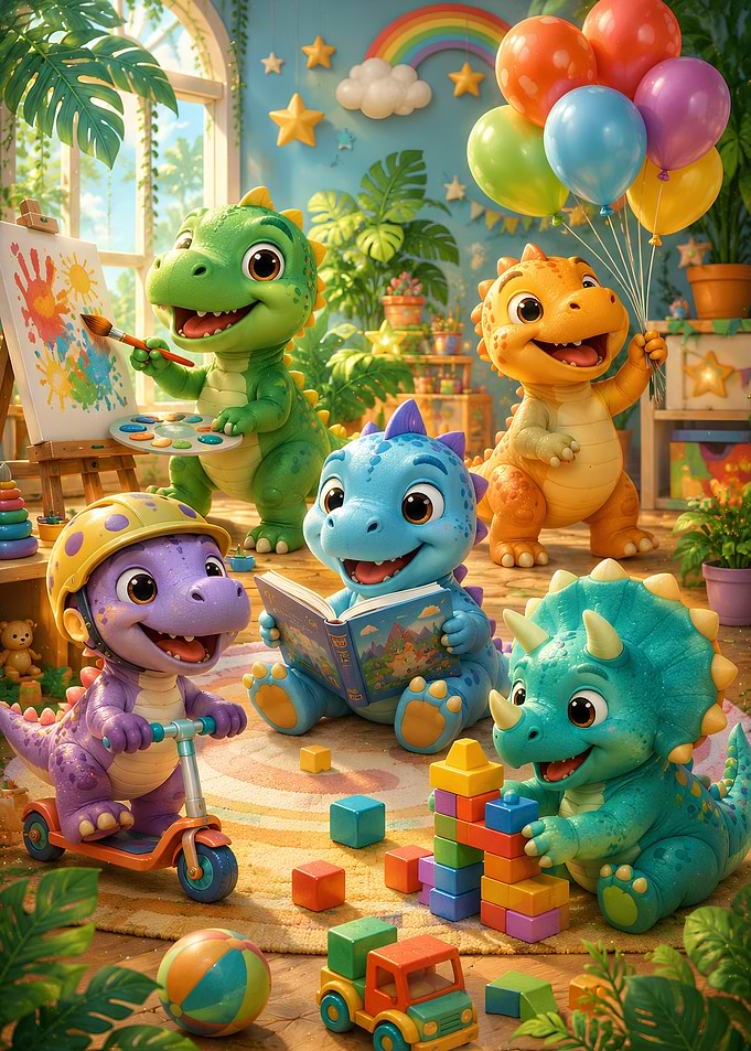Cute Dinosaurs Playing in a Colorful Room