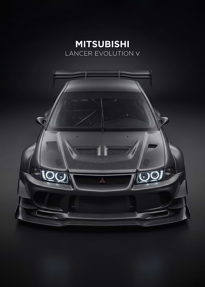 sleek dark Mitsubishi Lancer Evolution V car poster