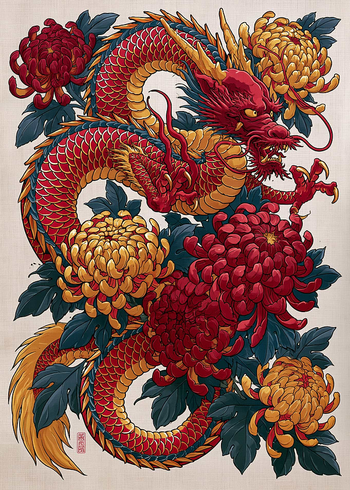 Dragon and Chrysanthemums