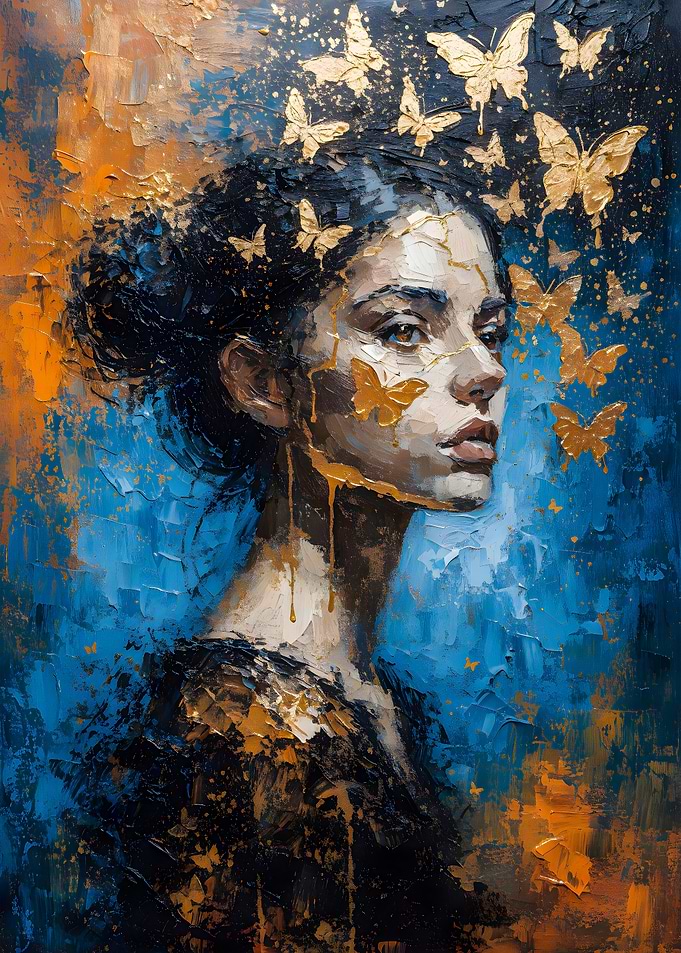 Woman with Golden Butterflies in Abstract Blue