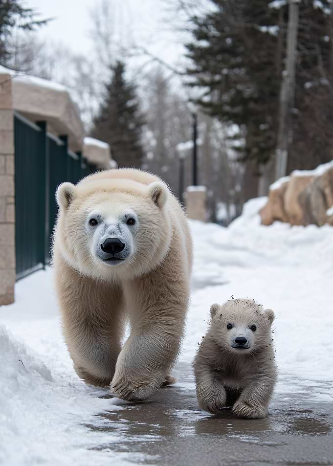 Polar Bear Mother and Cub in Snow