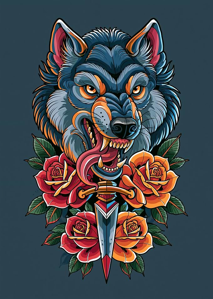 Aggressive Wolf with Roses and Dagger
