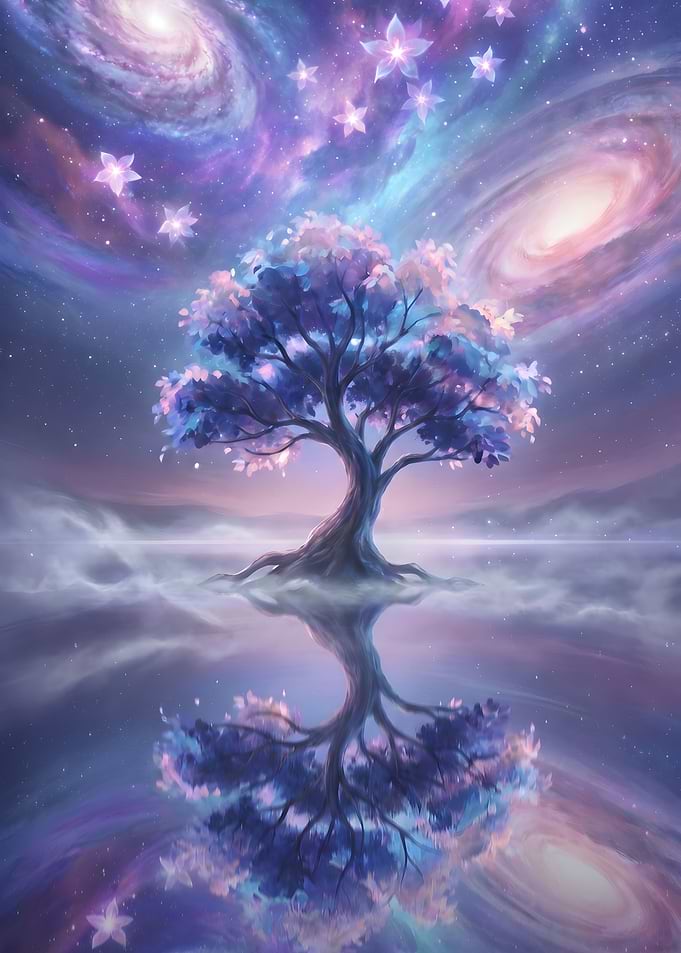 Magical Tree Reflecting in Cosmic Water Cosmic Tree - Space Fantasy Landscape