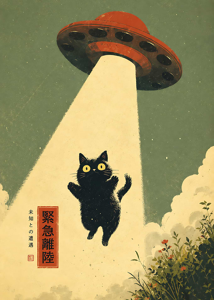 Funny black Cat Print — UFO Cat Abduction Japanese Retro Poster, Vintage Space Decor,