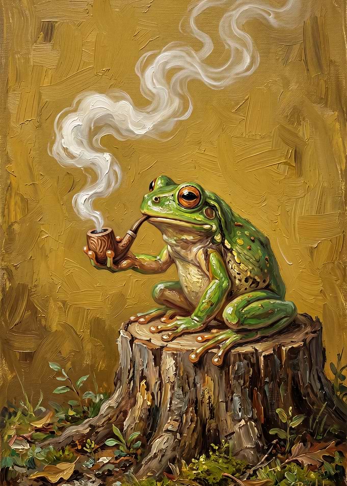 Frog Smoking a Pipe on a Tree Stump