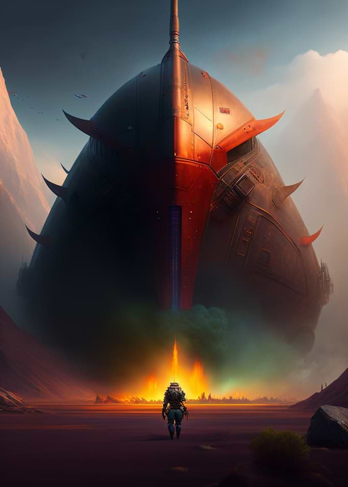 Sci-fi Soldier Facing Giant Spaceship
