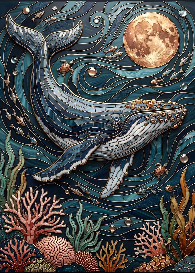 Whale and Moon Stained Glass