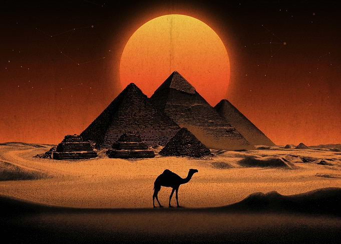 Camel and Pyramids at Sunset