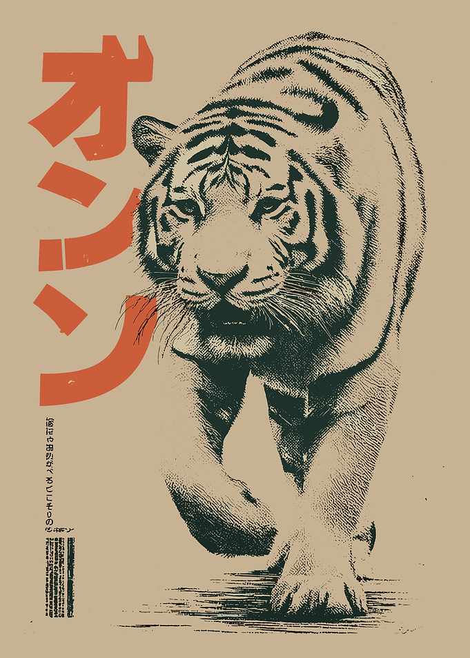 Tiger Walking with Japanese Text