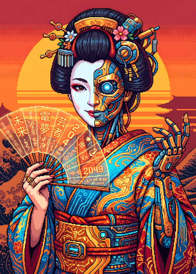 Cyberpunk Geisha with Futuristic Fan