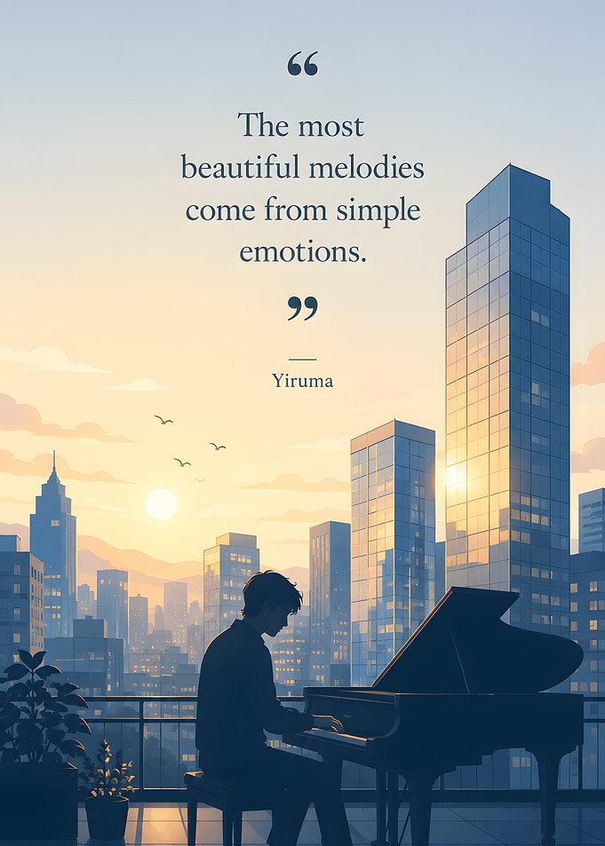 Pianist in a Cityscape at Sunset