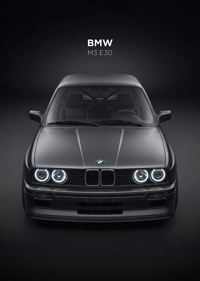 sleek black BMW M3 E30 Front View car poster