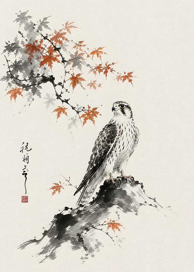 Falcon on a Rock with Maple Leaves