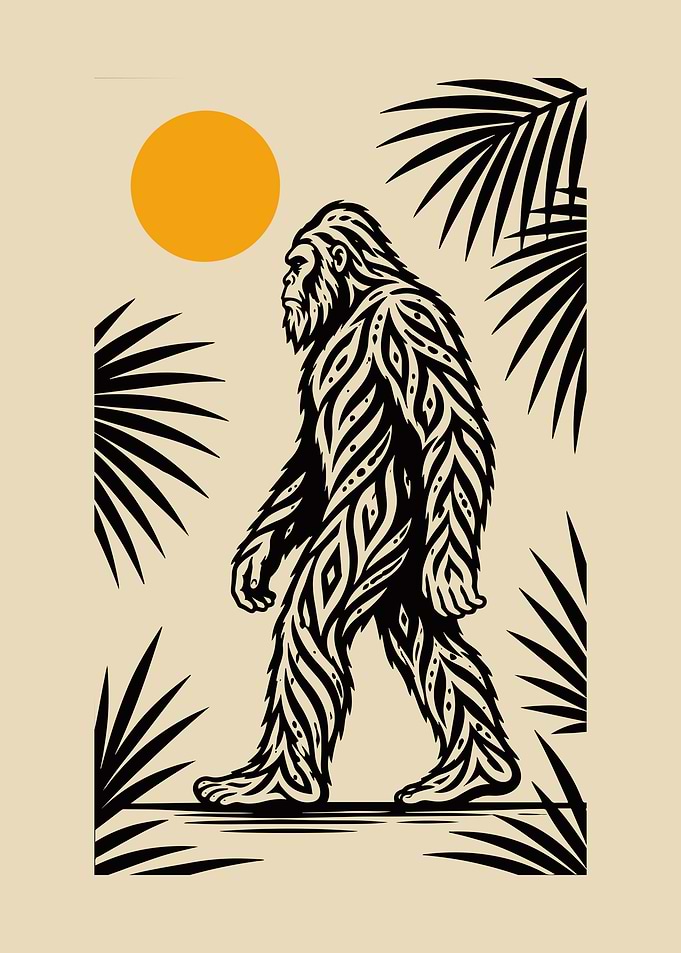 Bigfoot Walking with Sun and Palm Leaves