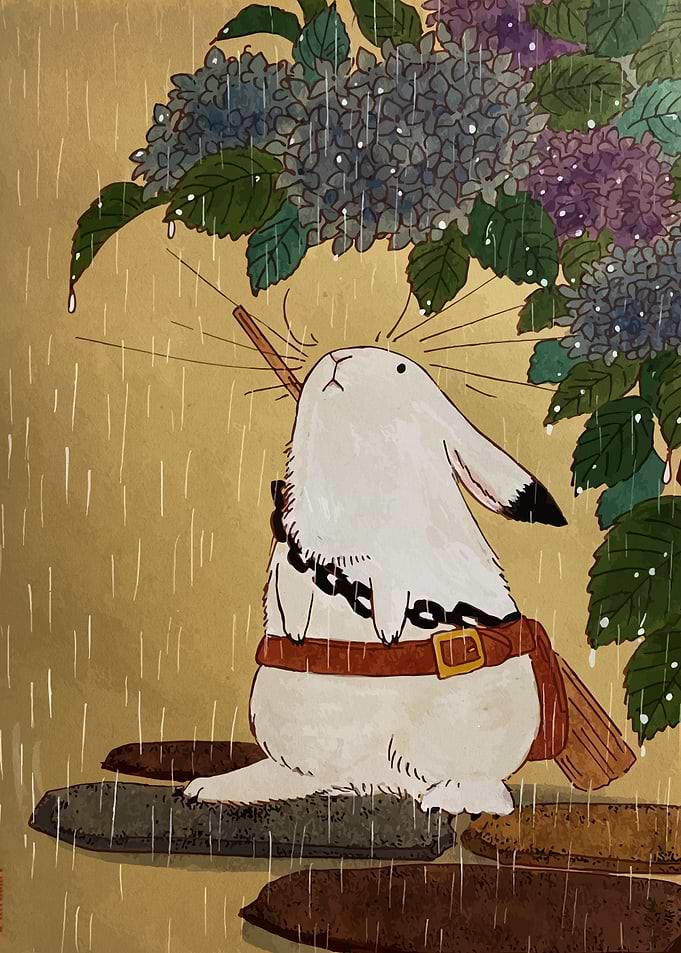 Rabbit in the Rain Under Hydrangeas