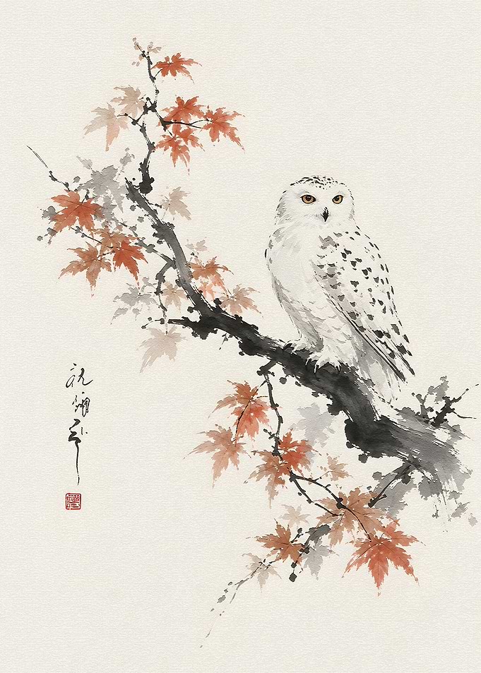 Snowy Owl on Maple Branch