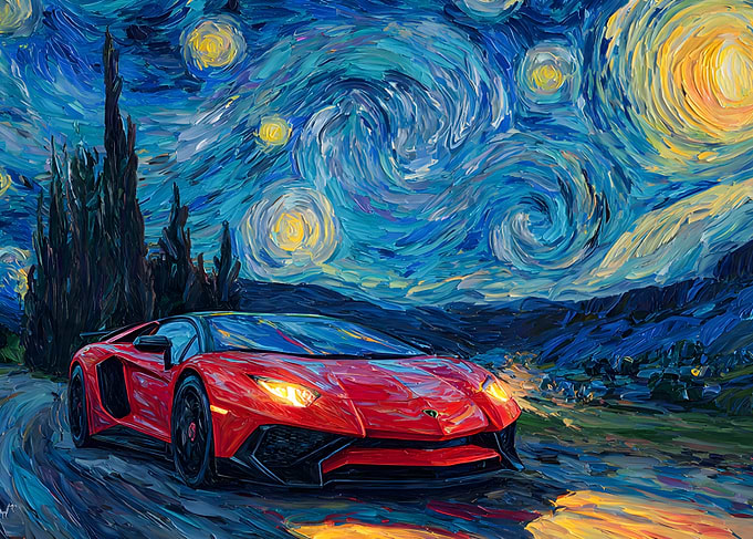 Red Lamborghini in Starry Night Style