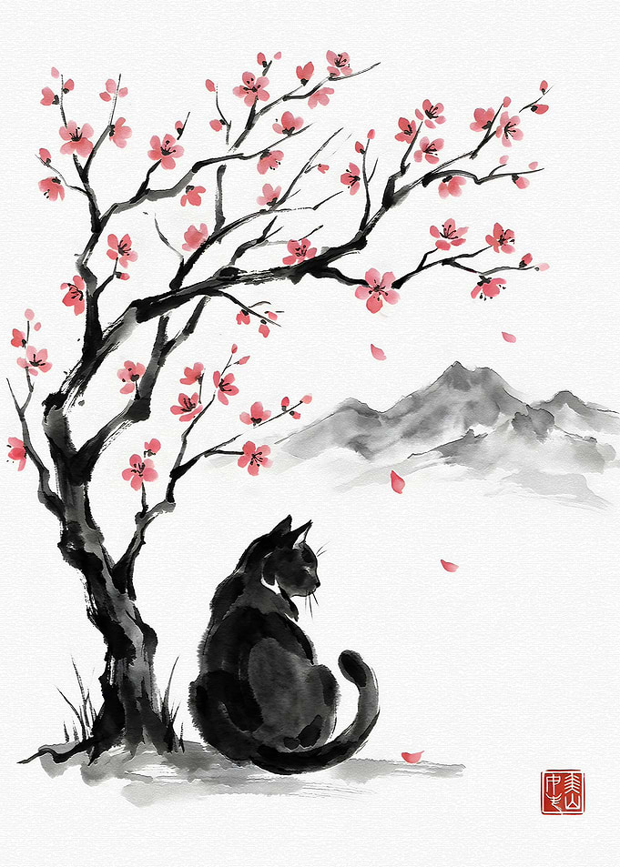 Black Cat Under Cherry Blossoms
