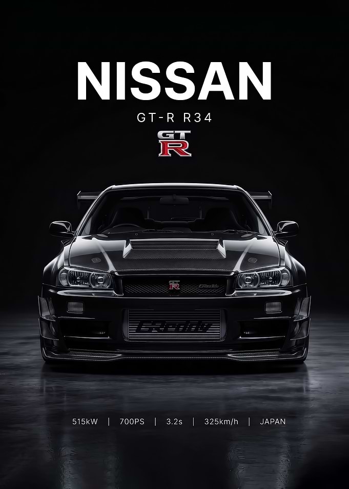 sleek black Nissan GT-R R34 front view car poster