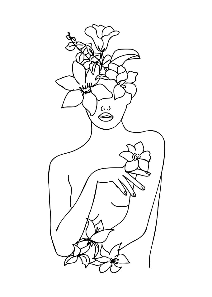 Line Art Woman with Flowers