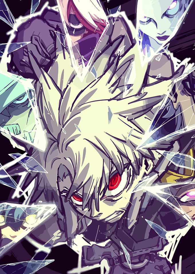 Anime characters behind broken glass