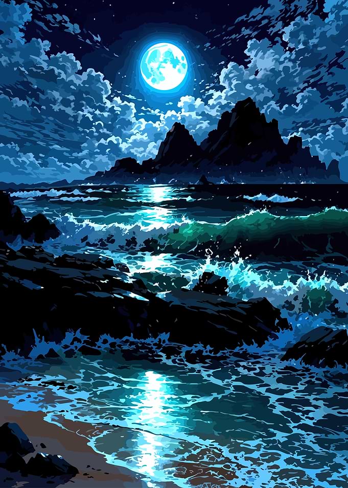 Moonlit Ocean Waves Crashing on Rocks
